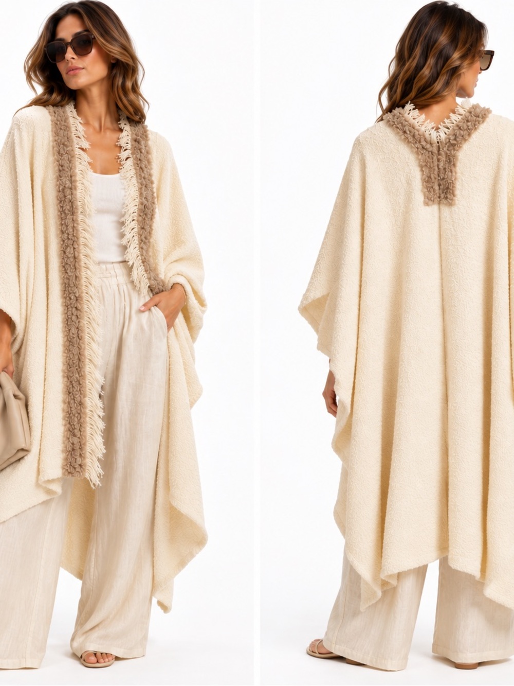Cream Fringe-Trim Cozy Poncho Sweater